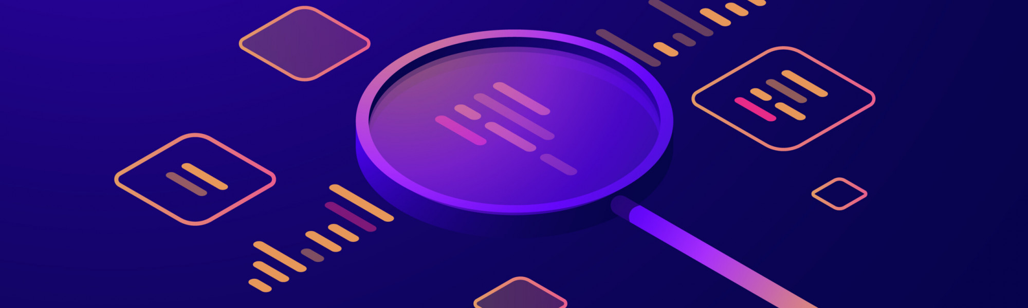 Data processing isometric icon, business analytics and statistics, magnifying glass, data visualization, infographic dark neon vector