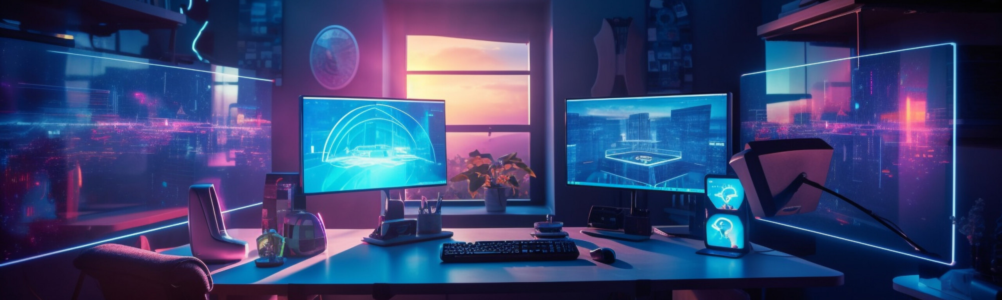 Futuristic computer lab with bright blue lighting generated by artificial intelligence